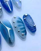 Handmade Blue Celestial Swirl Nail Art with Star Pearl Accent Press on Nails F31