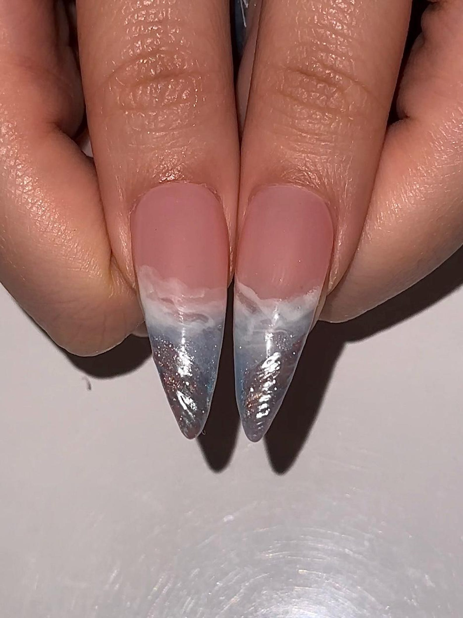 Icy Blue Ocean Press On Nails | Blue Stiletto Nails for Women | Clear French Tip Crystal Nails | Bridal Luxury Nails| Elegant Nails|OC1277HC