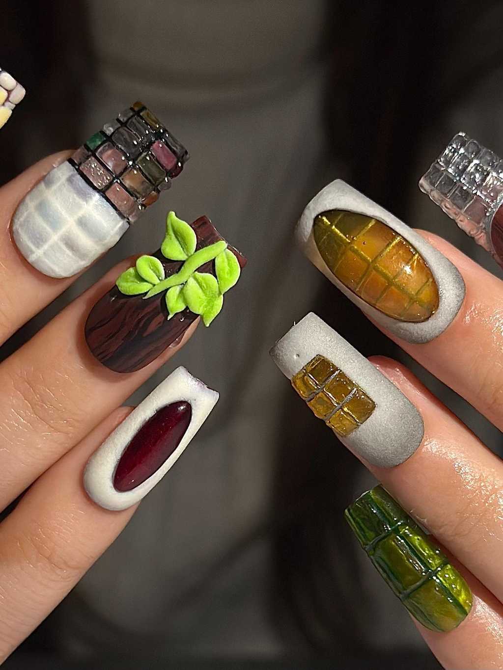 Abstract Texture Press On Nails. Mixed Media Artisan Nails with 3D Foliage. Handcrafted Gemstone and Mosaic Tile Reusable Nails. OB306HC