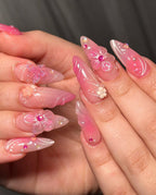 Handmade 3D Pink Fairy Garden Nails – Butterfly. Flower & Pearl Press-On Set E58