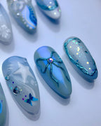 Handmade Blue Holographic Floral and Bow Accents Reusable Press on Nails W09
