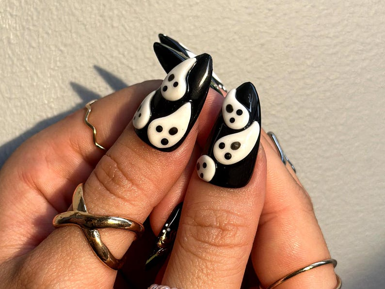 Midnight Ghost Garden Press On Nails | 3D White Ghost Nail Art | Black & Gold Floral Halloween Set | Handmade Spooky Long Nails | OB1081EK