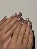 Luxury Cat Eye Press On Nails. Luxury Gold Foil Trim Fake Nails. Elegant Nude Shimmer Nails for Wedding and Formal Events. OC1293HC