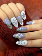 Silver Frost Christmas Press On Nails | 3D Snowman & Christmas Tree Nail Art | Frosted Birds and Winter Scene | OB1209EC