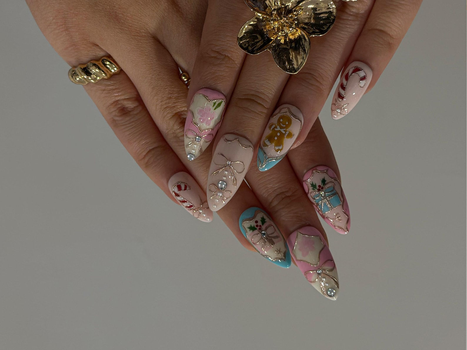 Pink Pastel Christmas Press On Nails | Pastel | Gingerbread & Candy Cane Nails | Pink Christmas Press Ons | Cute Festive Design | OB218HC