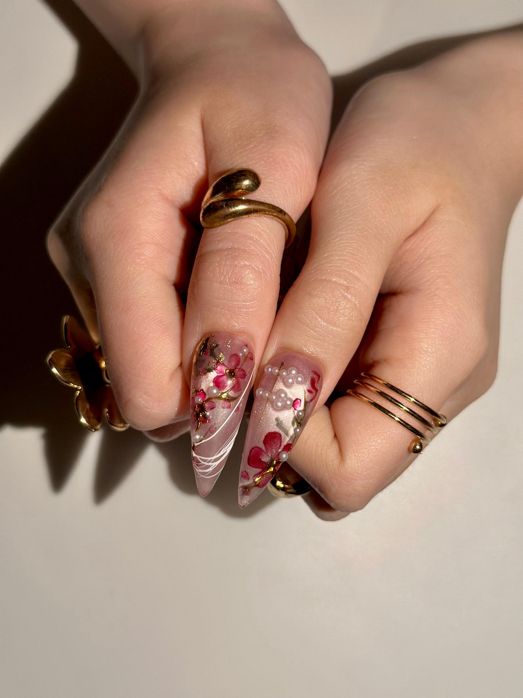 Handmade Cherry Blossom Press On Nails. Asian Inspired Luxury 3D Jade and Gold Leaf Nails. Elegant New Year Luxury Fake Nails. OB1021HC