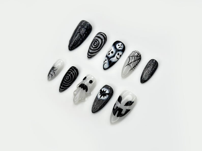 Press on nails for halloween| Black White Gothic Halloween Nails | 3D Ghost & Spider Design | Spooky Night Nail Art | OB197EC