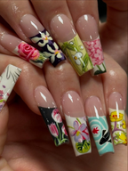 Handmade Vintage Botanical Press On Nails. Japanese Floral Garden Fake Nails. Unique Retro Flower Pattern Nails for Special Events | OB305HK