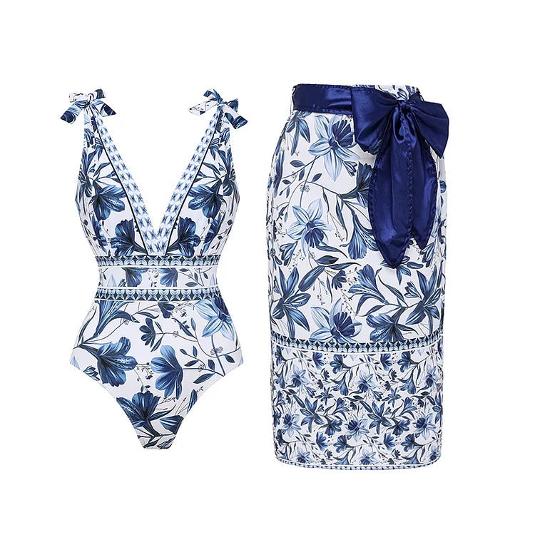 V Neck Lace Up Printed One Piece Swimsuit and Skirt02