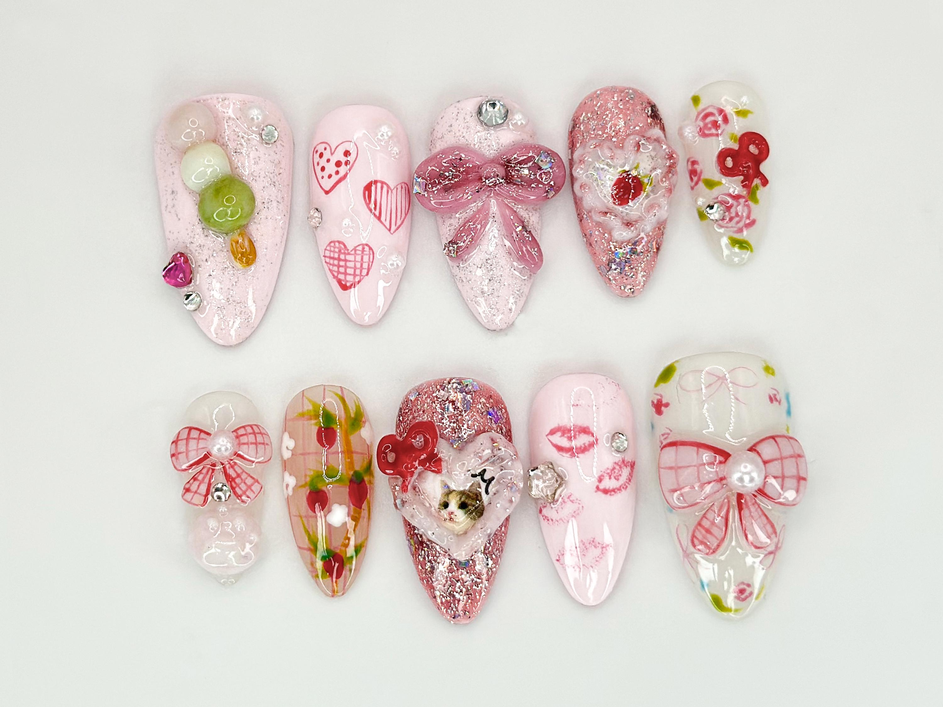 Pink Bow Romance Press On Nails | Cat. Heart & Ribbon Themed Nail Art | Custom Cat Nail Designs | Cute and Sparkly Pet Nail Art | OC556HC