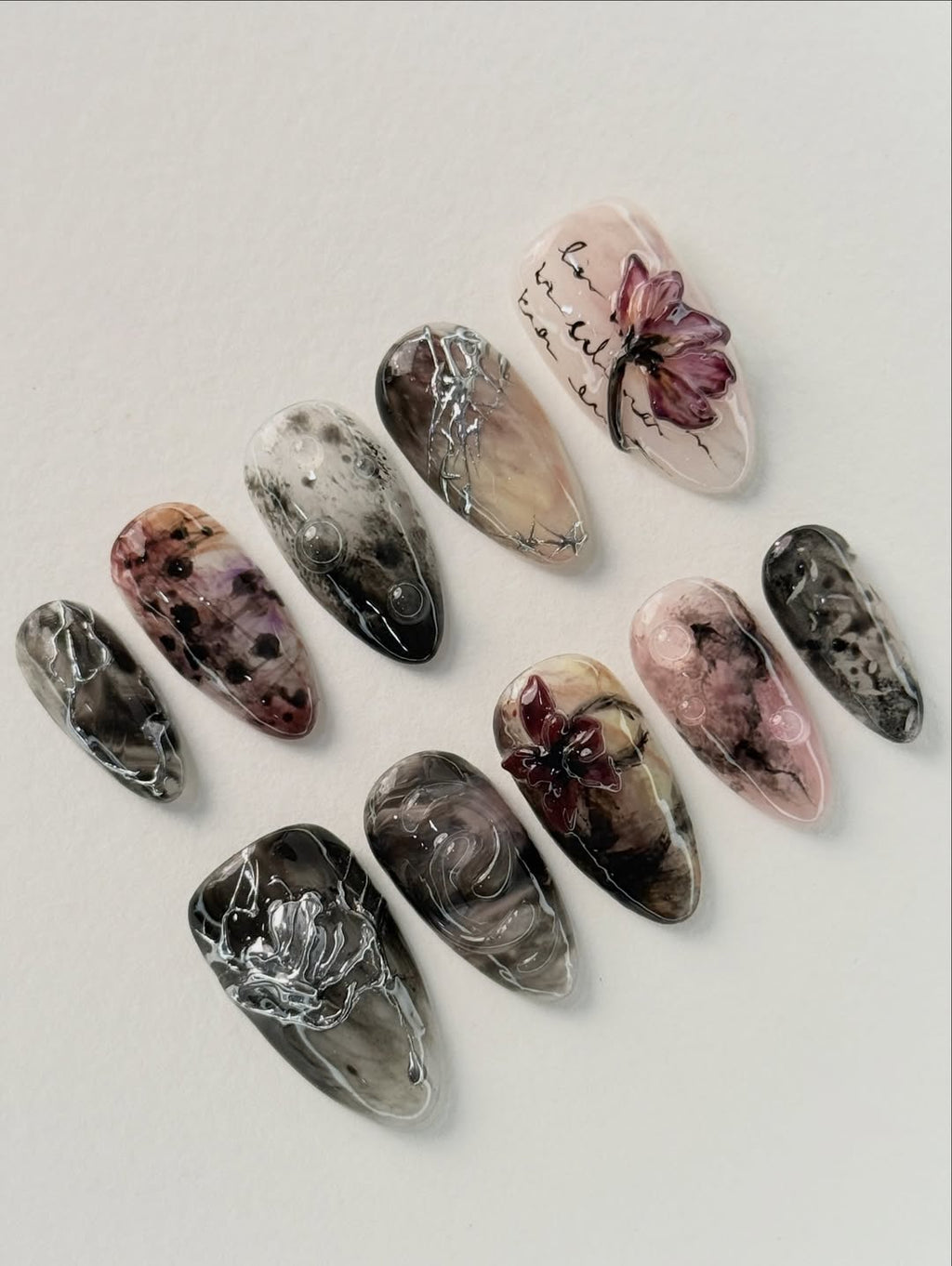 Abstract Floral Stiletto Press On Nails Artistic Design