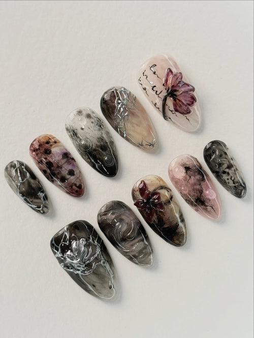 Abstract Floral Stiletto Press On Nails Artistic Design