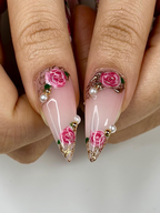 Pink Rose Press On Nails for Bridal | Handmade Rose Flower Nails with Pearls | Elegant Wedding Press Ons | Gold Frame Floral Nails | OB295HC