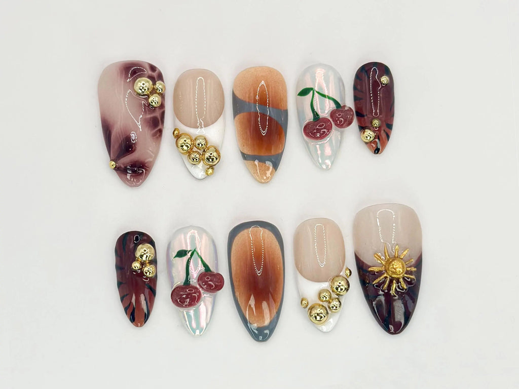 Fruit Garden Custom Press On Nails | Hand-Painted Watermelon. Strawberry & Citrus Nail Art | Vegan-Friendly Nail Designs | OB525HC
