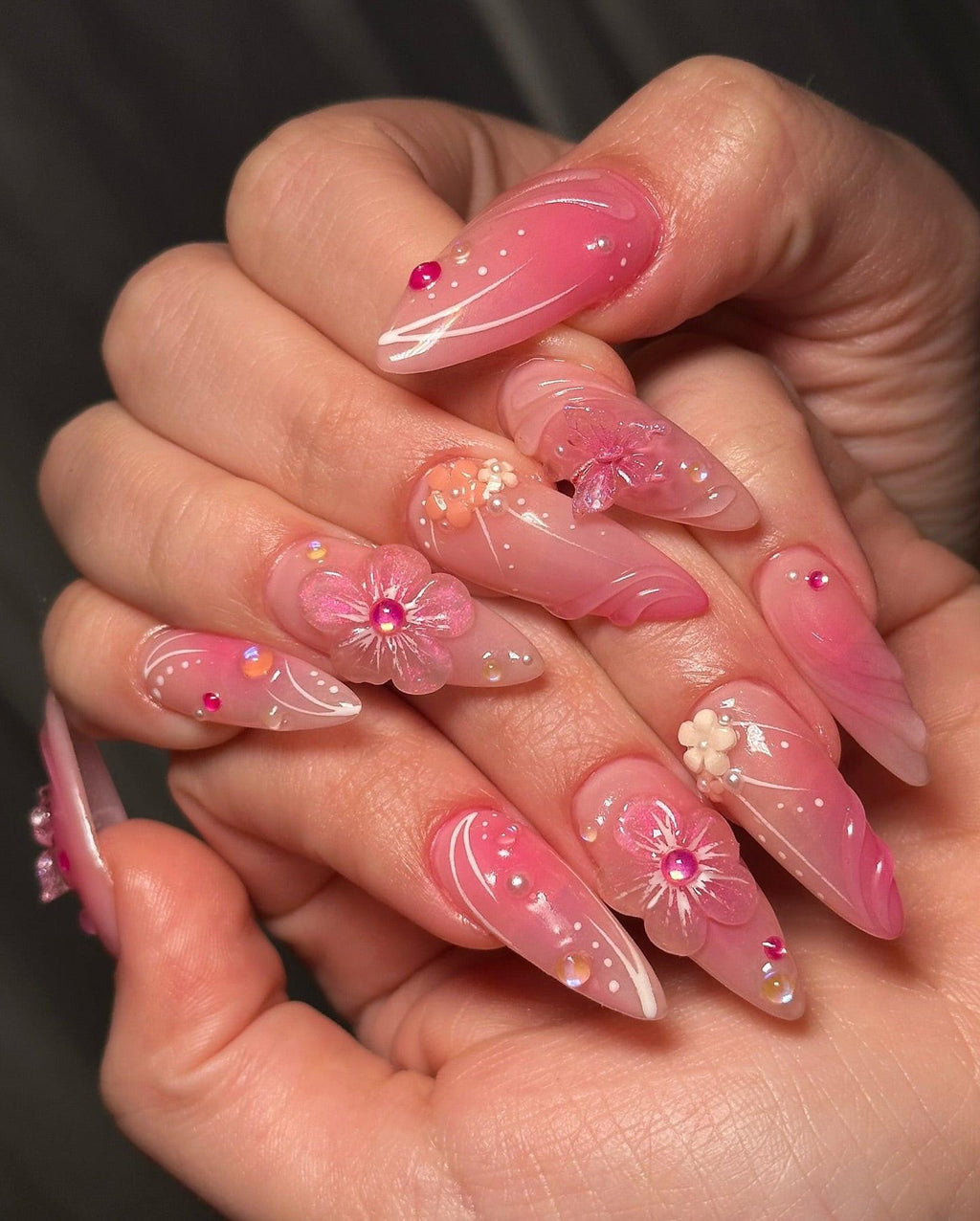 Handmade 3D Pink Fairy Garden Nails – Butterfly. Flower & Pearl Press-On Set E58