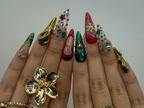 Luxe Ornament Christmas Press On Nails | 3D Holiday Nail Art | Red & Green Chrome Nails | Rhinestone Design | Festive Press Ons | OB214HC