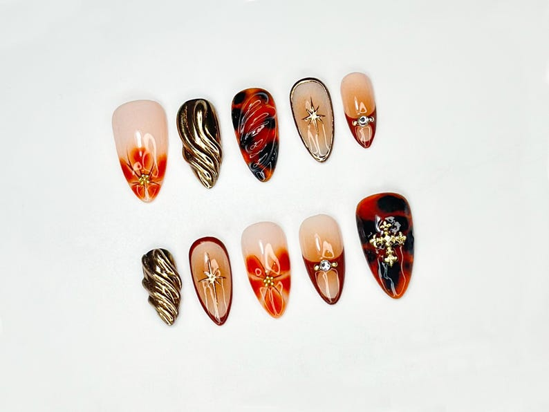Gold Flame Press On Nails | Red Marble Tortoise Shell & Molten Swirl Nails | Handmade 3D Fire Nail Art | Luxury Gothic Nail Set | OB101LC