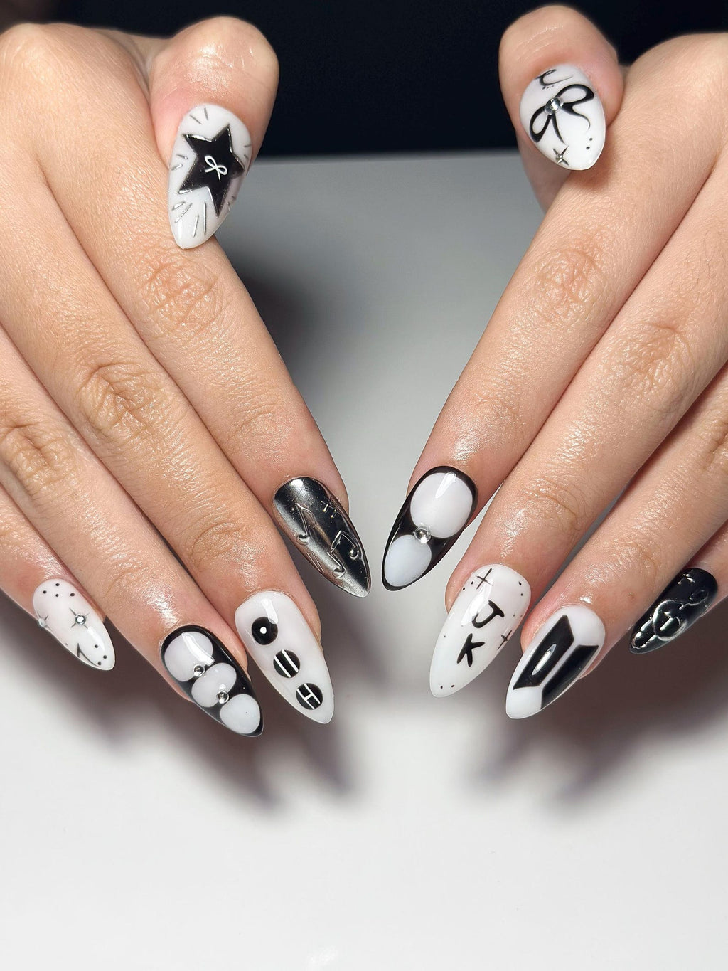 JungKook Inspired Black & White Nails | Kpop JK Solo Era Press Ons | Y2K Star and Bow Nails | Musical Note Gothic Press Ons | OC364IK