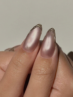 Luxury Cat Eye Press On Nails. Luxury Gold Foil Trim Fake Nails. Elegant Nude Shimmer Nails for Wedding and Formal Events. OC1293HC
