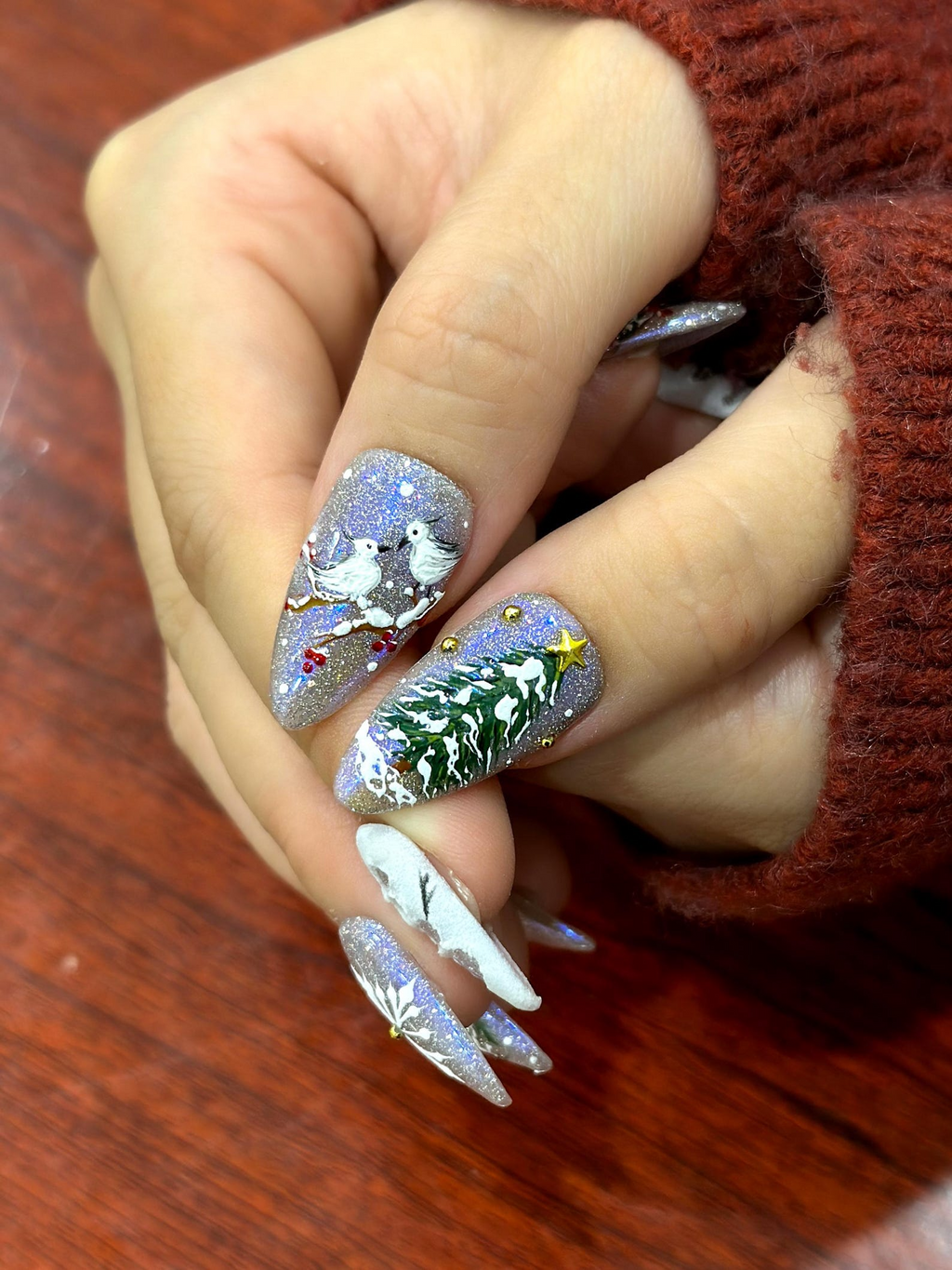Silver Frost Christmas Press On Nails | 3D Snowman & Christmas Tree Nail Art | Frosted Birds and Winter Scene | OB1209EC