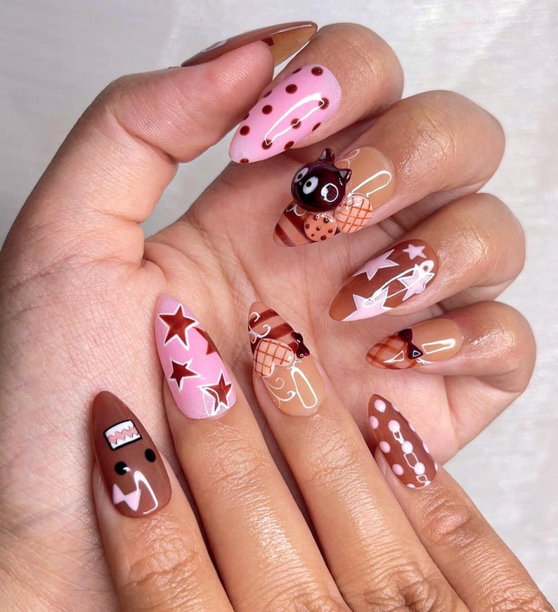 Chocolat Bear Cute Press On Nails | Kawaii Cartoon & 3D Cat Nails | Pink Brown Retro Nail Art | Handmade Fun Press Ons | OB221EC