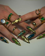 Green & Teal Gold-Framed 3D Press-On Nails – Jewelcore Statement Set A27