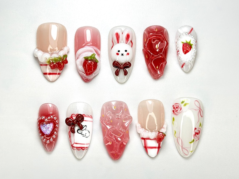 Kawaii Bunny & Strawberry Press-On Nails | Handmade Bunny Nail Art | Cute Girly Nails | 3D Kawaii Nails | Cottagecore Nail Art | OB689H