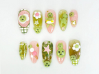 Kawaii Smiski-Inspired Press On Nails | Smiski-Inspired 3D Nails with Pink and Green Accents | Playful Smiski and Star Nail Set | OB640HK