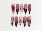 Burgundy Floral 3D Press On Nails | Floral Design with Rhinestones| Floral Accents And Pearl Details | Stylish & Trendy Nail Design | OB660H