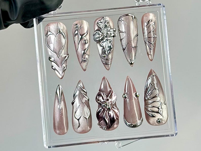 Metallic Chrome Press On Nails | Butterfly Wings Press Ons | Shiny Silver Fake Nails | Elegant Metallic Nail Art |Gothic. Y2K Nails |OB755YK