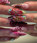 Handmade Burgundy Pink 3D Flower Star Dot Fantasy Press on Nails O18