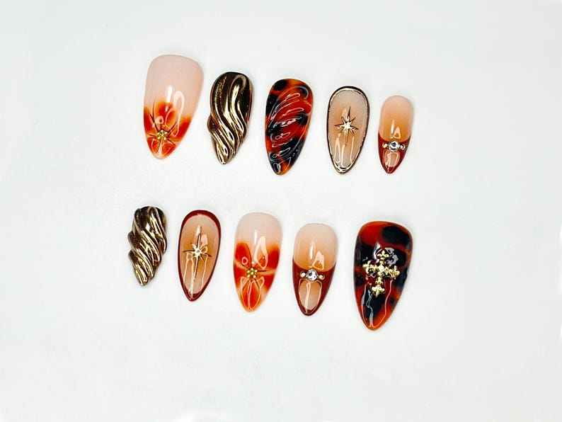 Gold Flame Press On Nails | Red Marble Tortoise Shell & Molten Swirl Nails | Handmade 3D Fire Nail Art | Luxury Gothic Nail Set | OB101LC