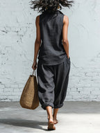 Simple collared shirt and wide-leg pants two-piece set
