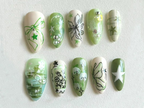 Spring Garden Long Almond Nails | Green Leaf & Floral Designs | Handcrafted Faux Nail Art | Trendy Nail Art | Unique Handmade Nails |OB534H
