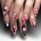 Strawberry Love Gothic Almond Nails | Bold Gothic & Sweet Flora Fake Nails | Artistic 3D Nail Art | Valentine's Day Fake Nails | OB717YK