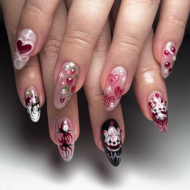 Strawberry Love Gothic Almond Nails | Bold Gothic & Sweet Flora Fake Nails | Artistic 3D Nail Art | Valentine's Day Fake Nails | OB717YK