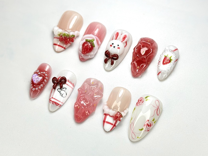 Kawaii Bunny & Strawberry Press-On Nails | Handmade Bunny Nail Art | Cute Girly Nails | 3D Kawaii Nails | Cottagecore Nail Art | OB689H