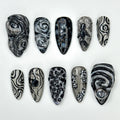 Abstract Black Chrome Swirl 3D Press On Nails