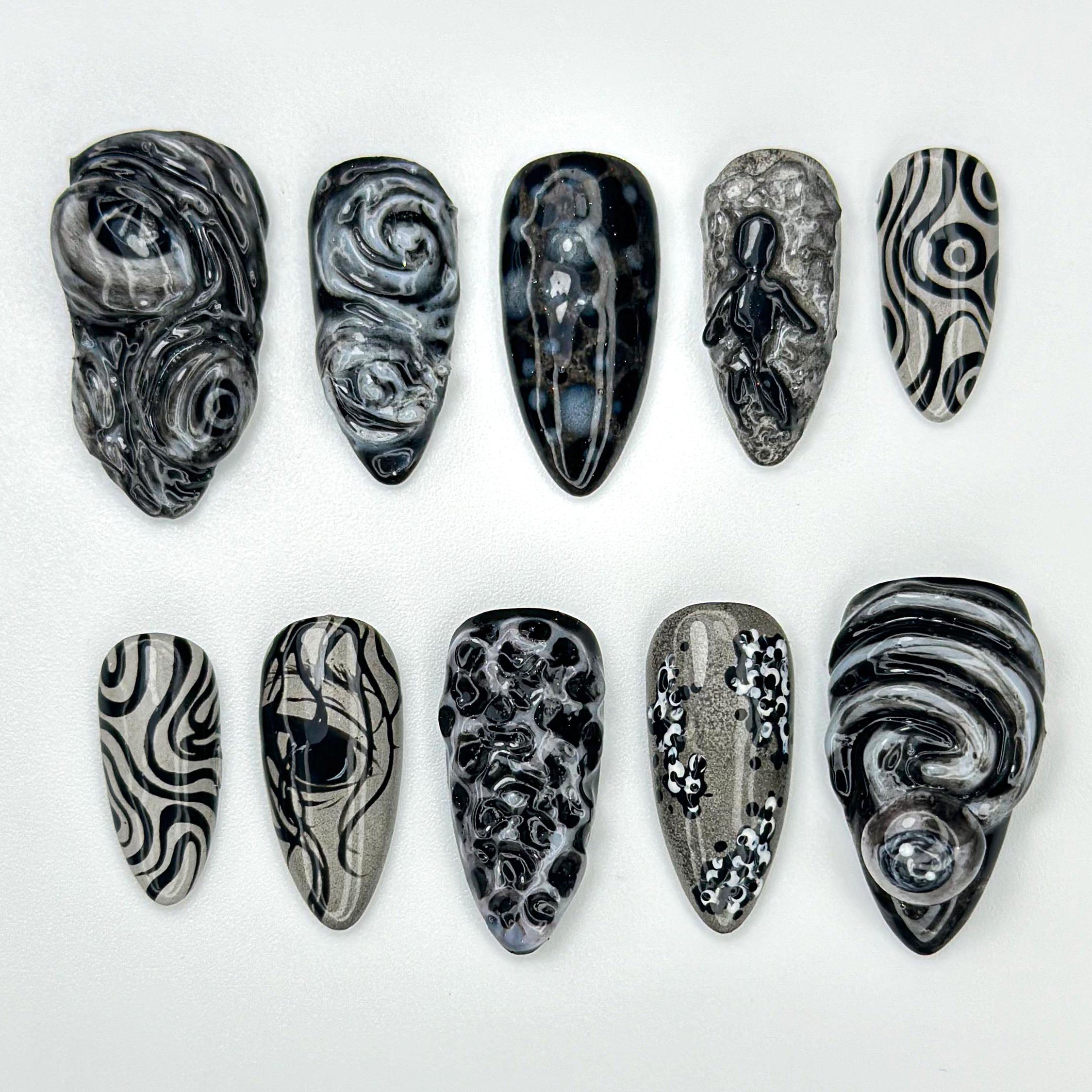Abstract Black Chrome Swirl 3D Press On Nails
