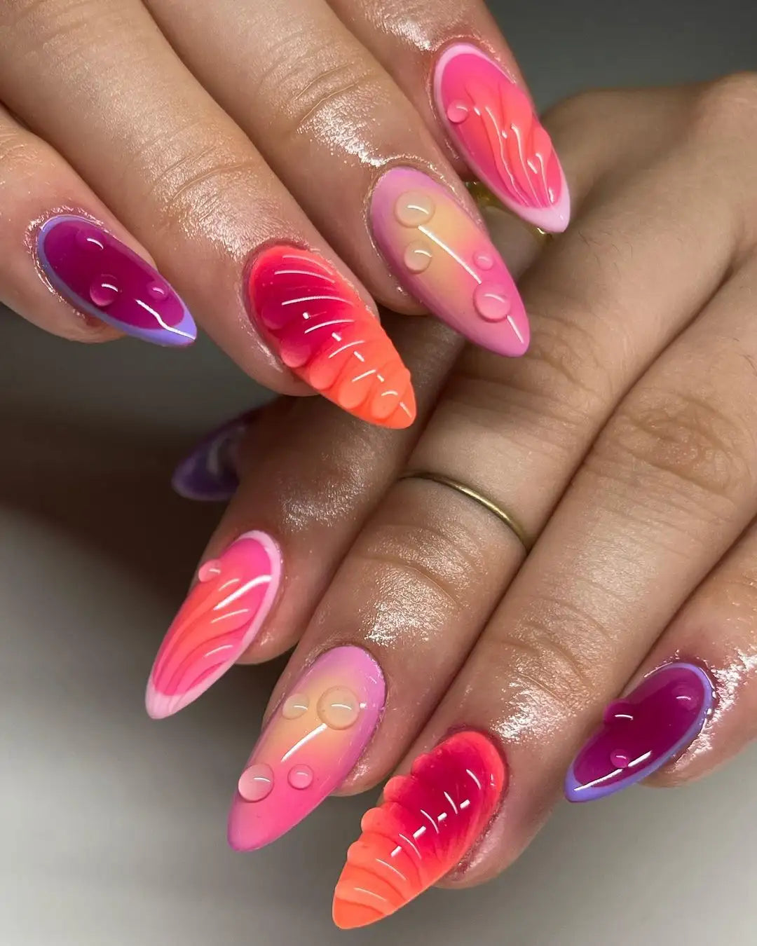 Handmade Aura Vibrant Colorful Cute Press on Nails - Water Drop Summer Fingernails G12
