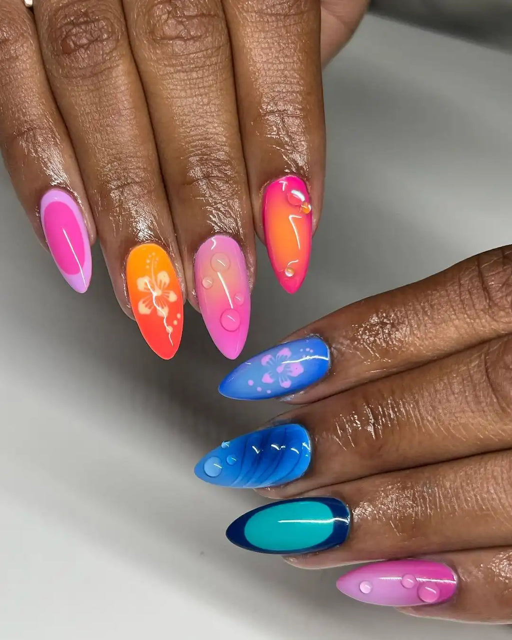 Handmade Aura Vibrant Colorful Hibiscus Spring Press on Nails N94