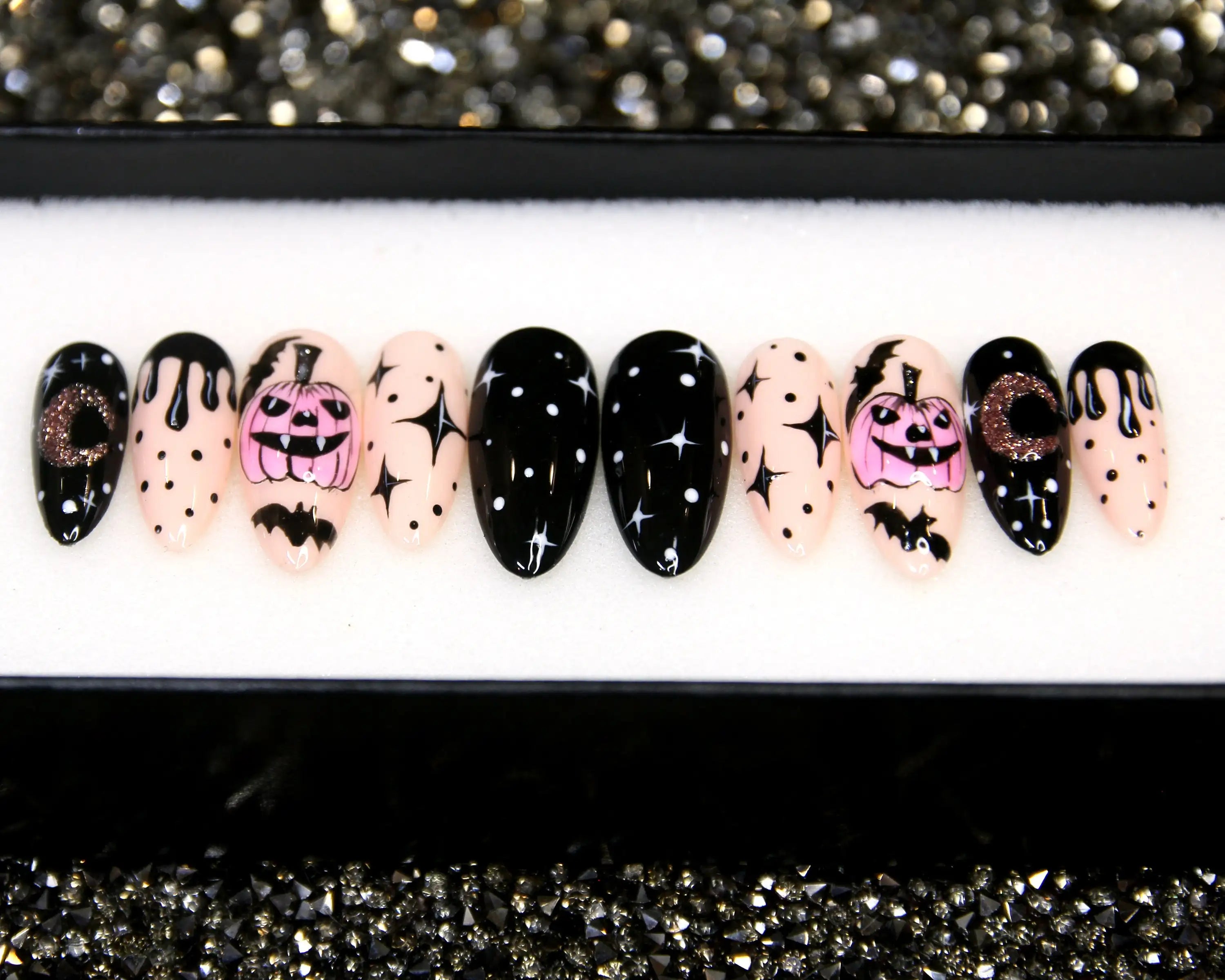 Bats and Jack-o'-lantern Starry Night Press on Nails - Halloween Fingernails B45