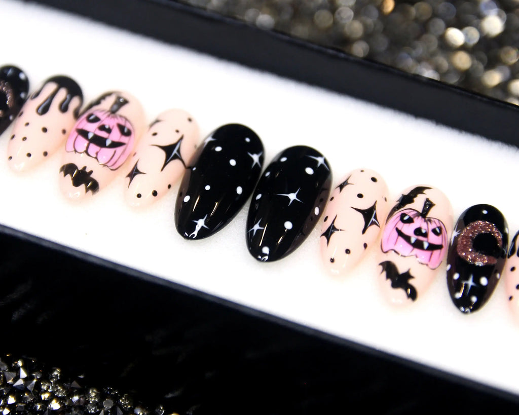 Bats and Jack-o'-lantern Starry Night Press on Nails - Halloween Fingernails B45