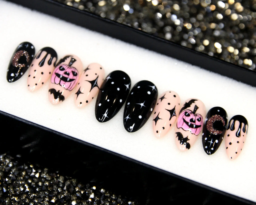 Bats and Jack-o'-lantern Starry Night Press on Nails - Halloween Fingernails B45