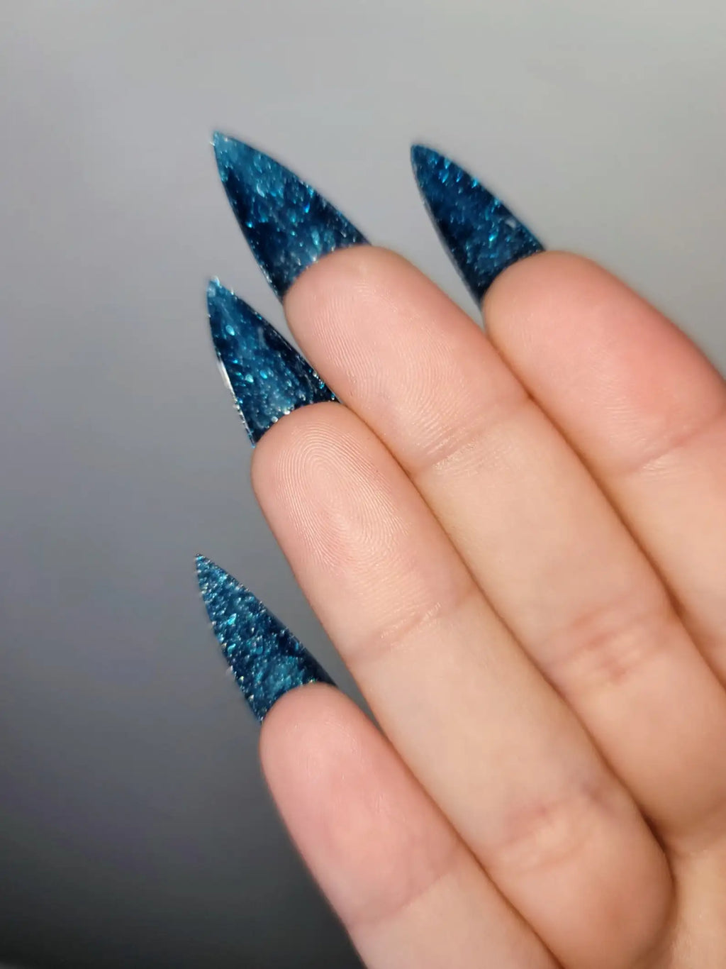 Blue Super Glitter Glossy Handmade Press on Nails - Luxury Reusable Fingernails E42