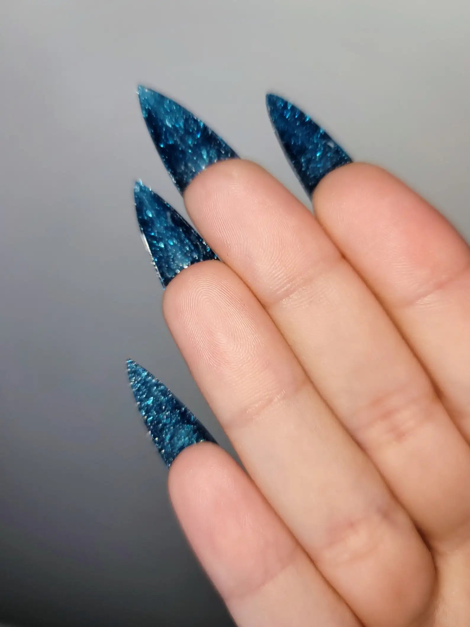 Blue Super Glitter Glossy Handmade Press on Nails - Luxury Reusable Fingernails E42