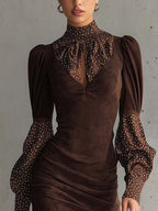 Brown Faux Suede Bodycon Dress With Satin Polka Dots