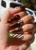 Christmas Gingerbread Nails in Brown - Winter Handmade Fake Fingernails A88