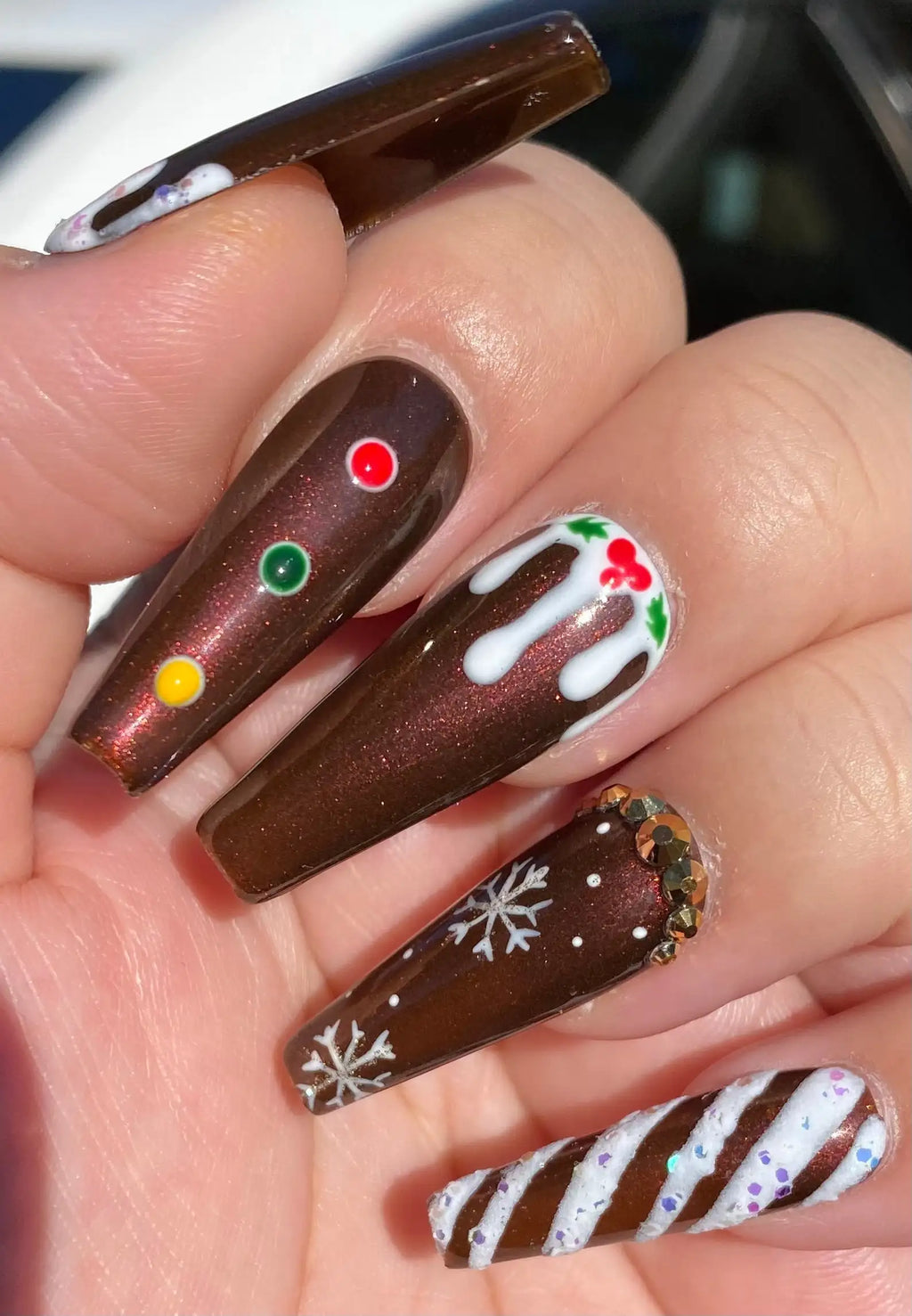 Christmas Gingerbread Nails in Brown - Winter Handmade Fake Fingernails A88