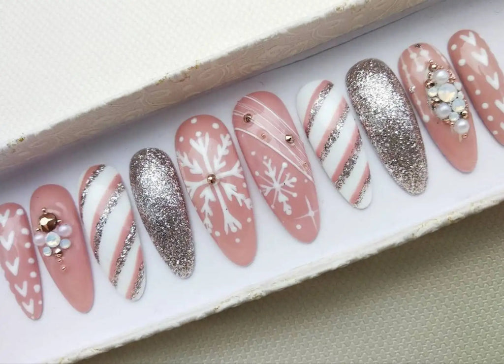 Christmas Glitter Snowflake Pink Press on Nails - Handmade Fingernails T11